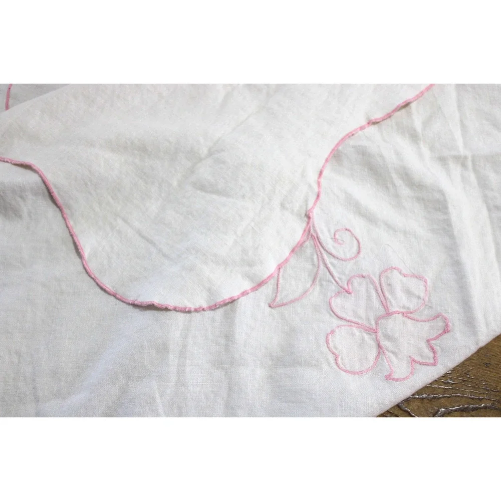 Vintage MCM Pink Applique Tablecloth 80x58 Scalloped Edge Retro Cottage